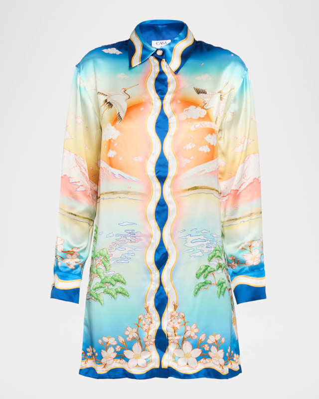 Printed Satin Long-Sleeve Mini Shirtdress